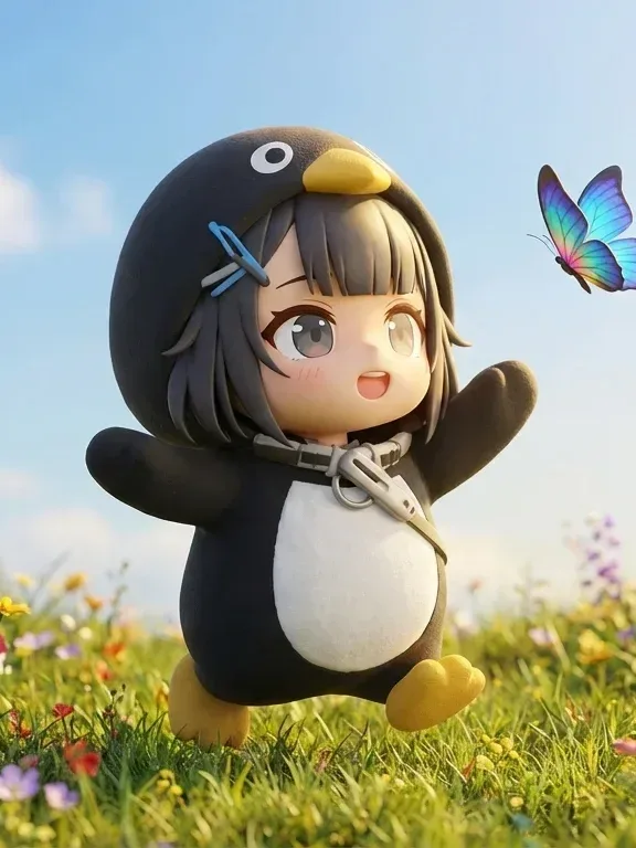 The penguin version, chasing a butterfly through a meadow