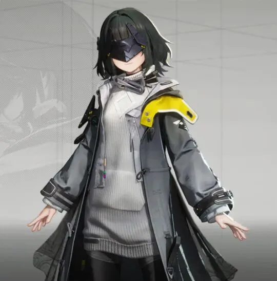 The Endministrator from Arknights: Endfield, in a long grey coat with yellow shoulders