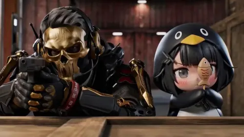 The penguin sitting next to a skull-masked soldier