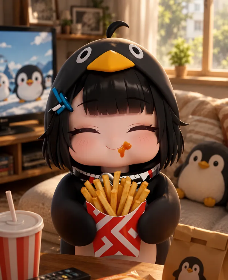 Penguin eating french fries with eyes closed