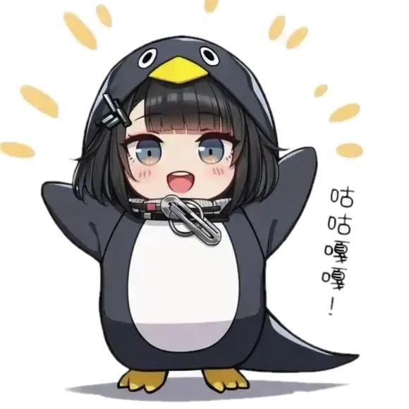 A chibi girl in a penguin onesie, flippers up, shouting gugu gaga