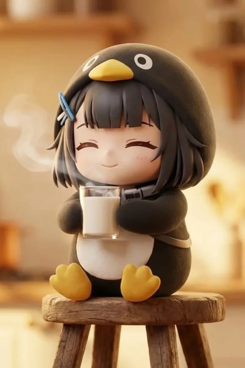 Penguin drinking a glass of milk on a stool
