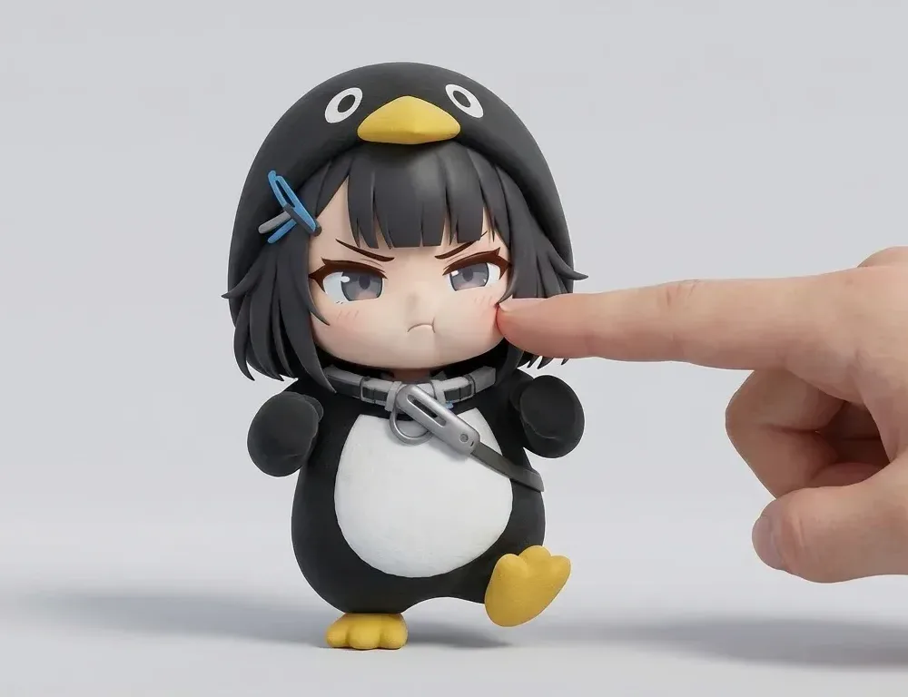 The penguin, cheeks puffed and frowning, being poked in the cheek by a finger