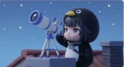 The penguin on a rooftop at night, looking through a telescope