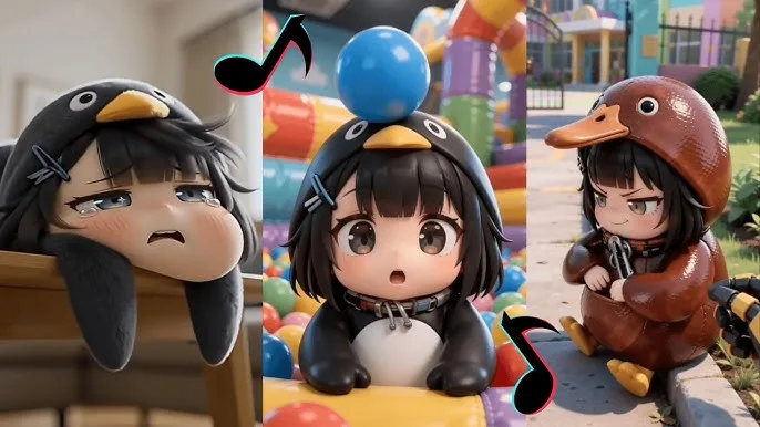 Three versions of the penguin: grumpy, surprised, and in a brown costume